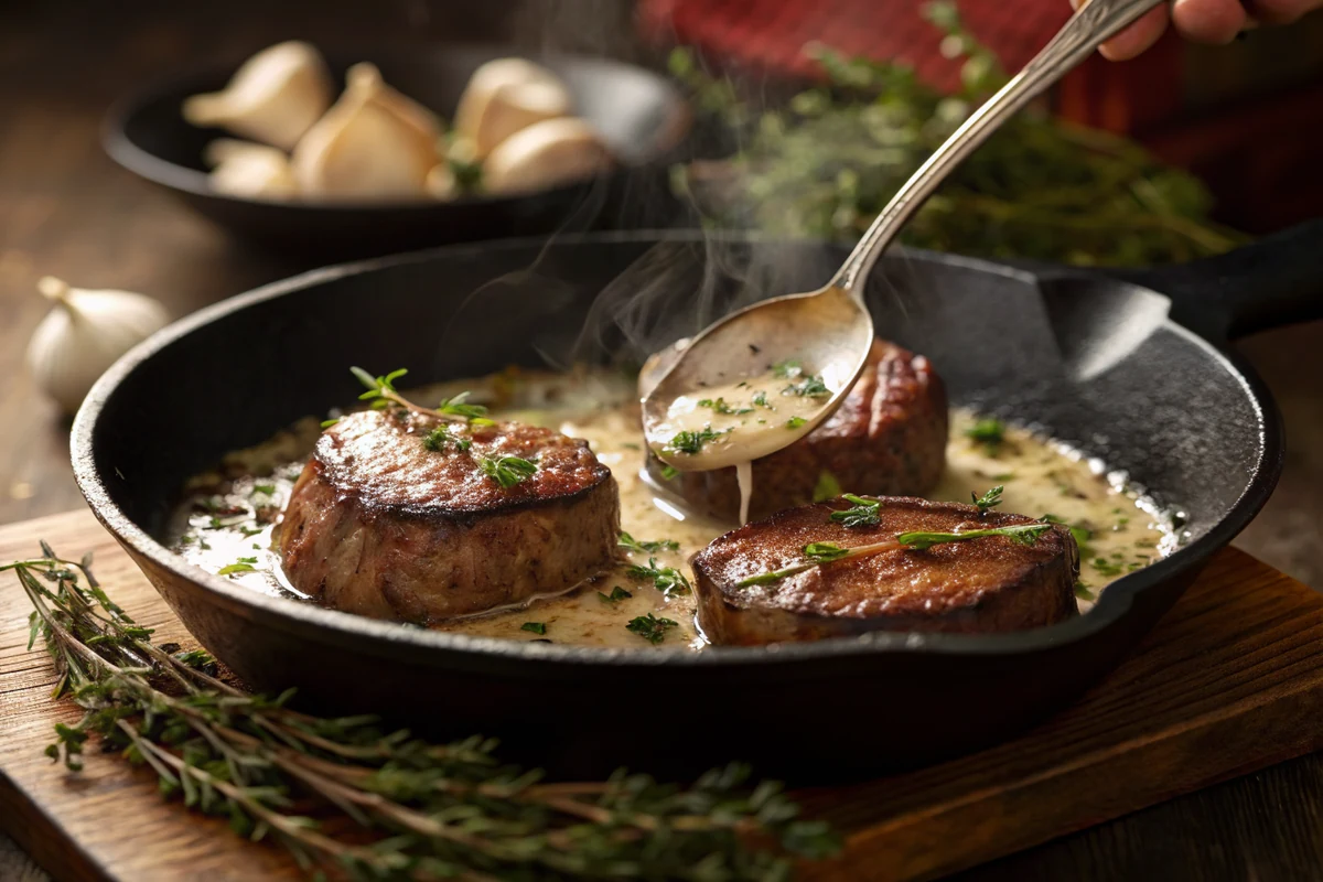 Cast iron skillet with seared filet medallions being spoon-basted in foaming garlic herb butter