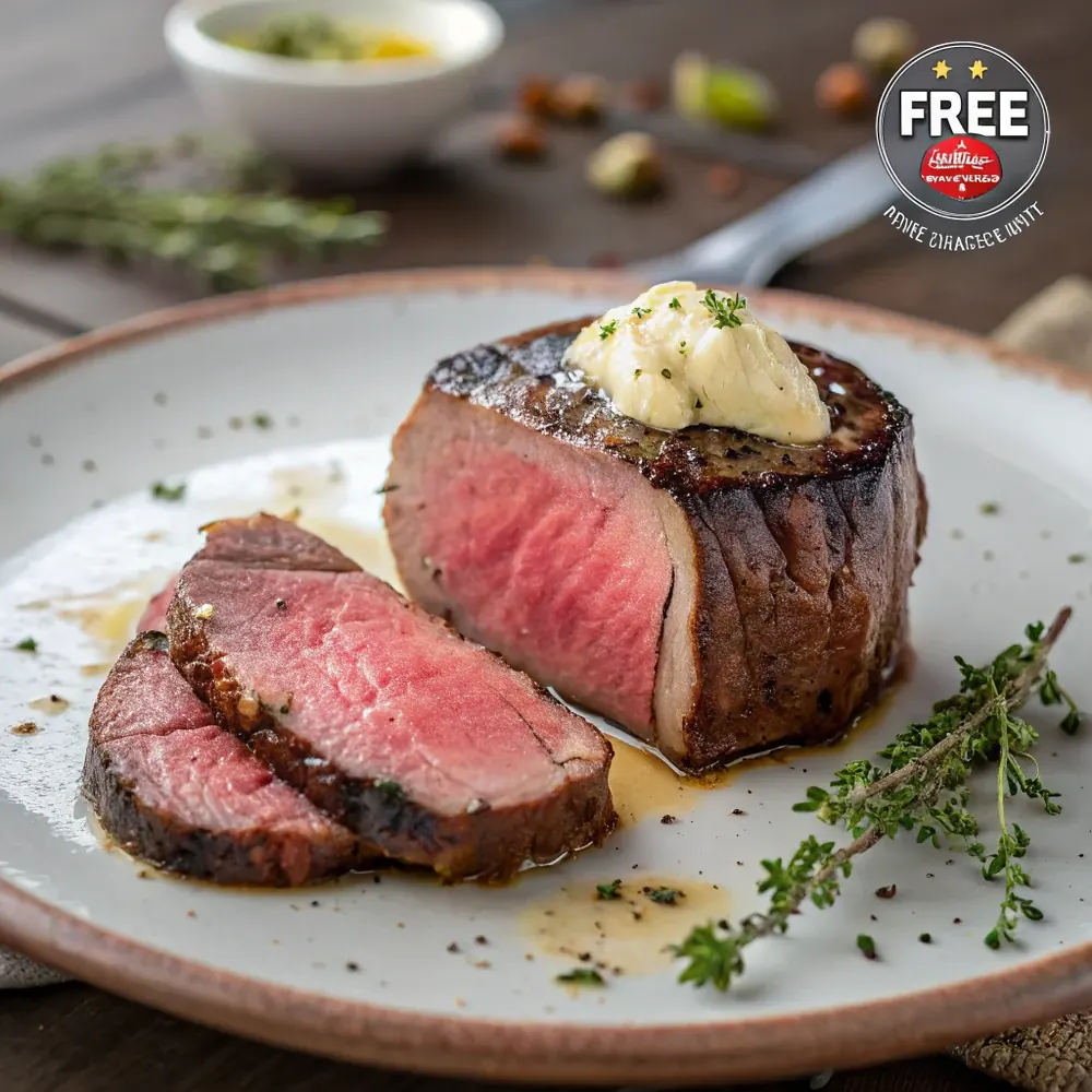 Close up of a sliced filet medallion showing a rosy medium-rare center and a dark seared crust