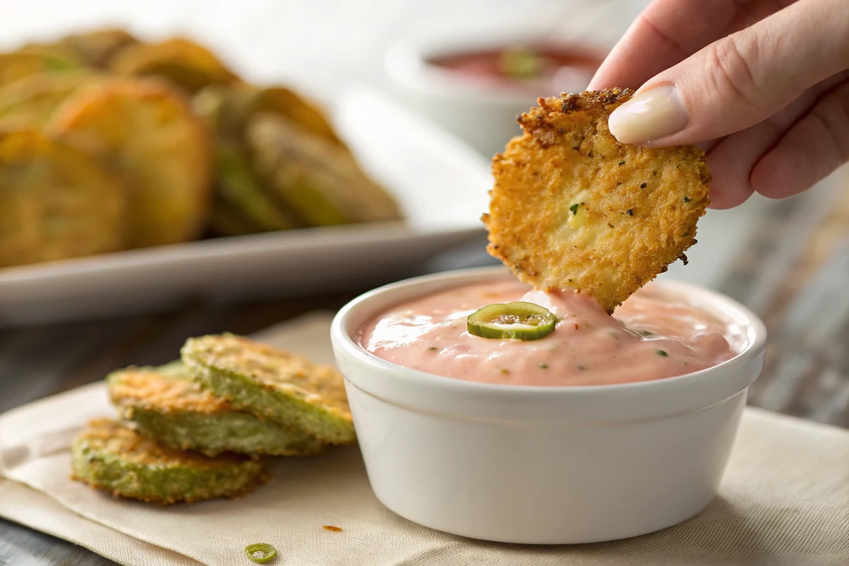 Close up of crispy fried dill pickle chips being dipped into creamy pink cajun horseradish sauce
