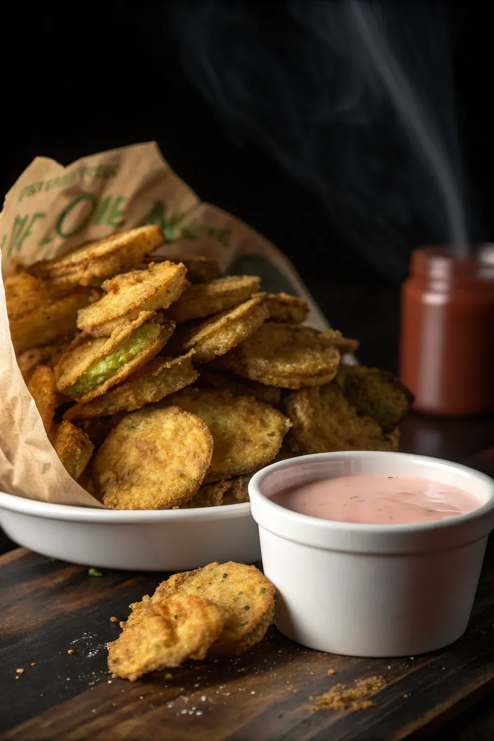 Texas Roadhouse fried pickles copycat recipe with cajun dipping sauce vertical pin to save for game day