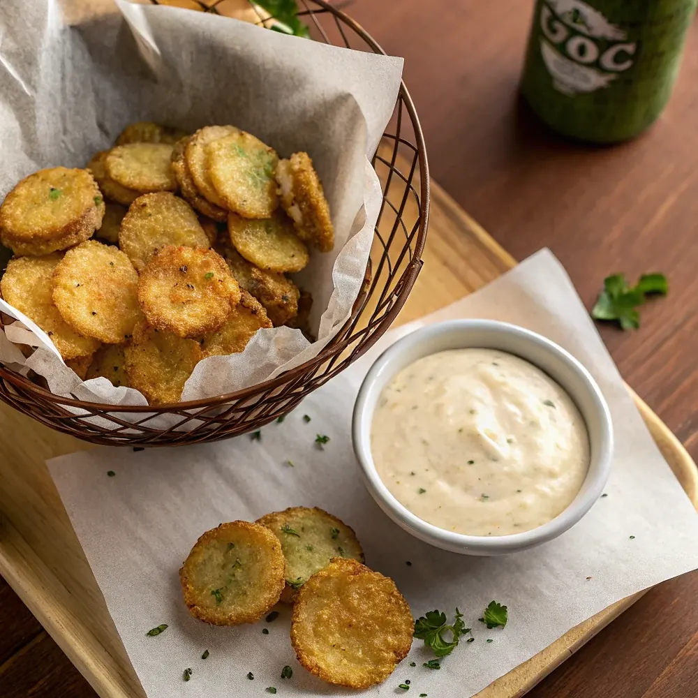 Overhead basket of golden fried pickle chips with a ramekin of cajun horseradish dipping sauce on a rustic table