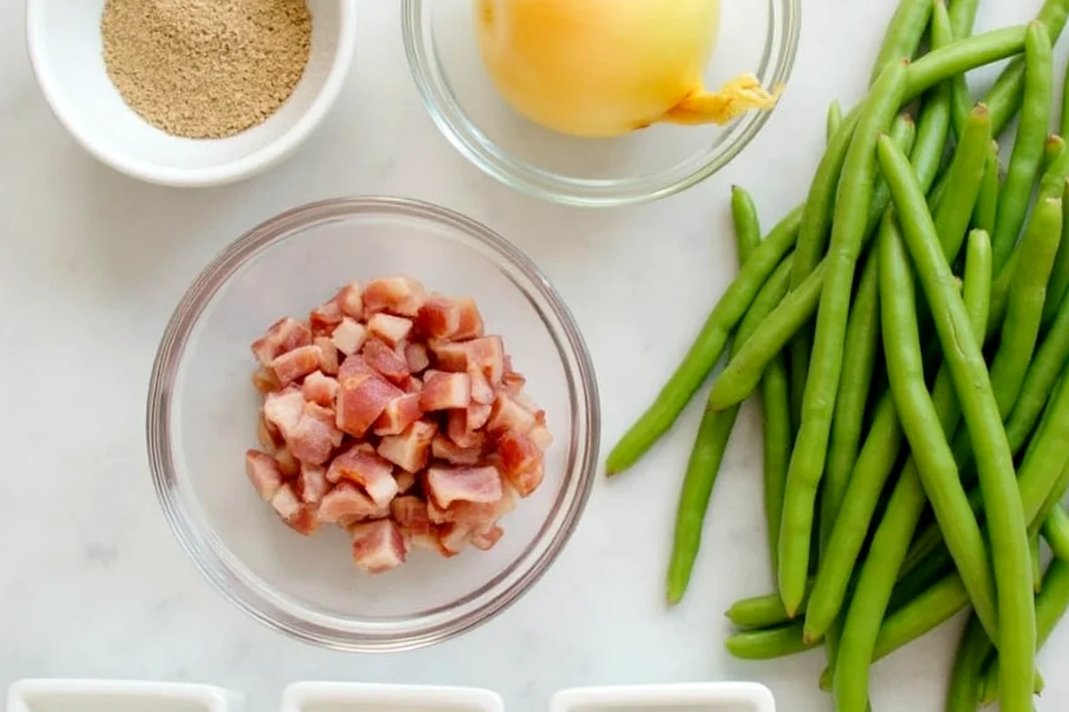 Close-up of tender simmered green beans coated in bacon drippings with flecks of black pepper and golden onion