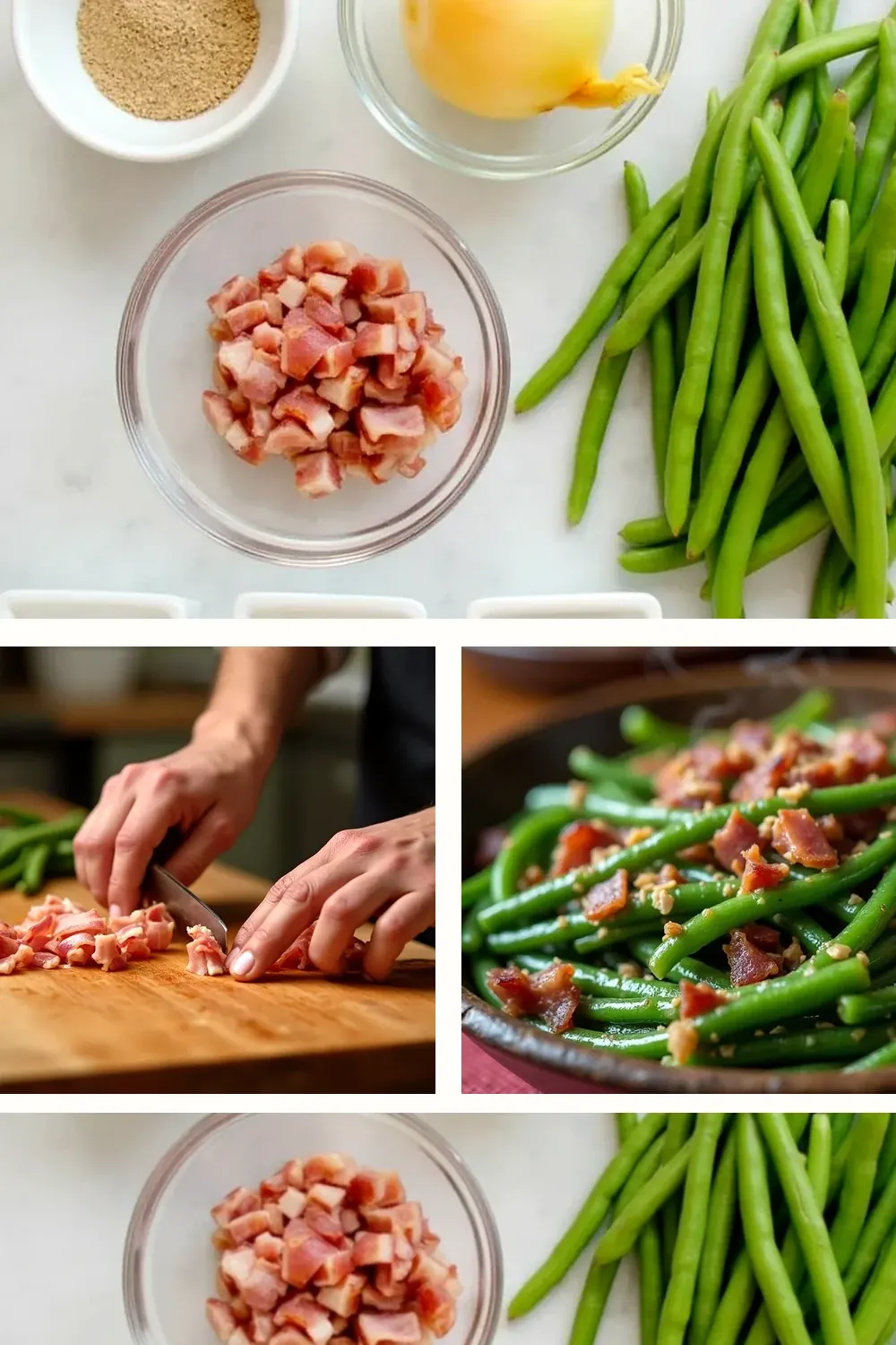Vertical shot of smoky bacon green beans in a cast iron skillet, save this Texas Roadhouse copycat green bean recipe