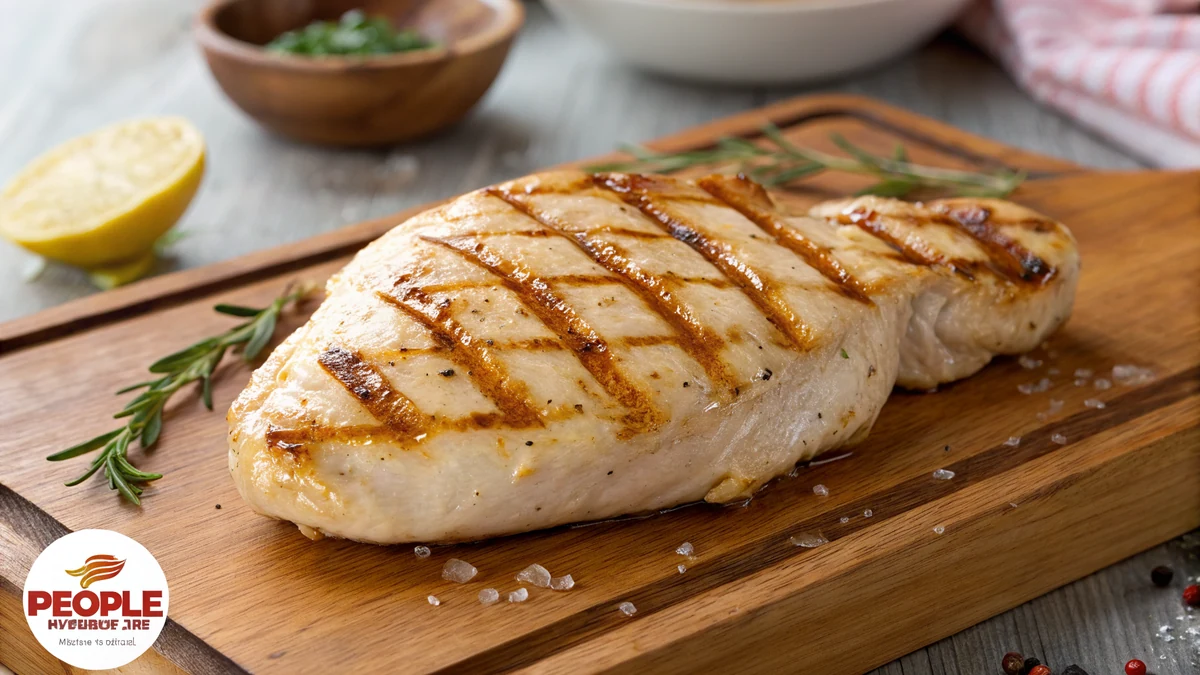 Photorealistic grilled chicken breast with golden grill marks resting on a wooden board, juicy and glistening, no text