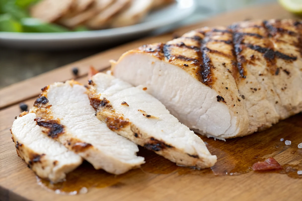 Close-up of a sliced grilled chicken breast showing a juicy white interior and charred grill marks on the outside