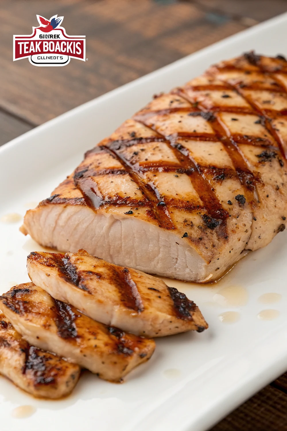 Juicy marinated Texas Roadhouse style grilled chicken breast with grill marks, sliced to show the moist interior, vertical pin