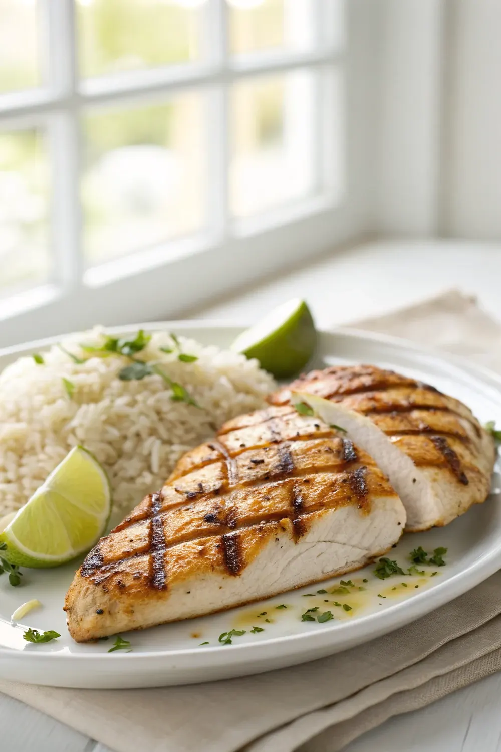 Juicy marinated Texas Roadhouse style grilled chicken breast with grill marks, sliced to show the moist interior, vertical pin