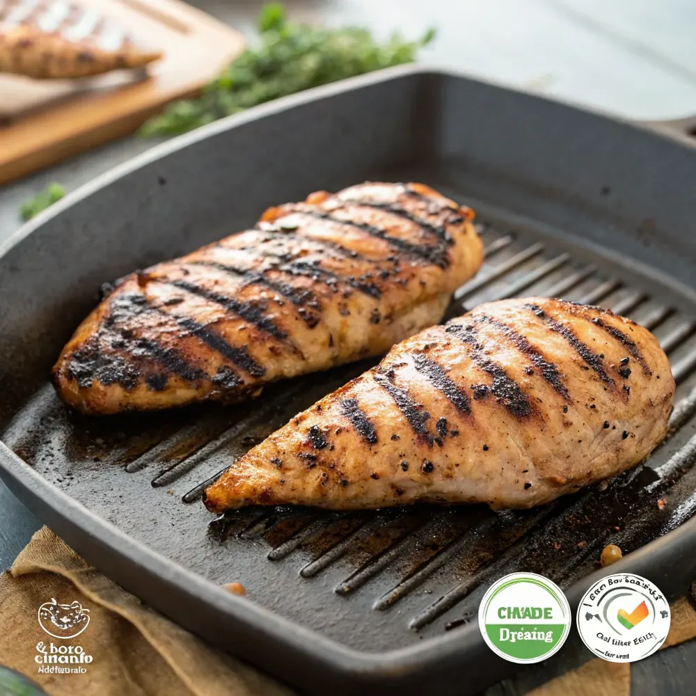 Overhead shot of two marinated grilled chicken breasts with dark grill marks on a cast iron flat-top