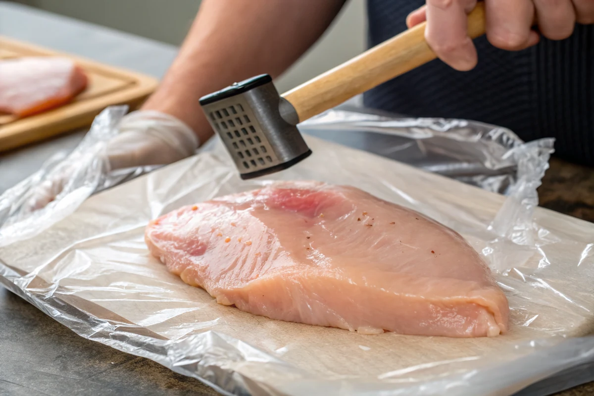 A boneless skinless chicken breast being pounded to an even thickness between plastic wrap with a flat meat mallet
