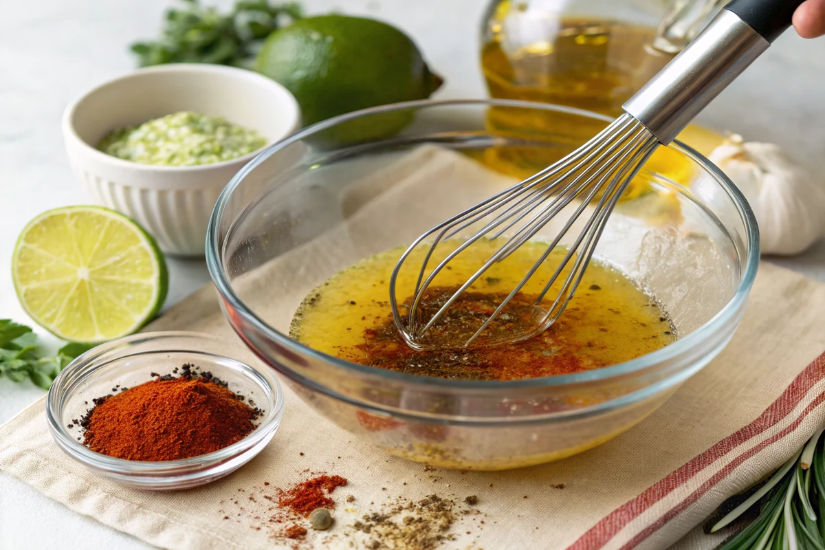 Olive oil, lime juice, garlic, smoked paprika and seasonings being whisked together into a marinade in a glass bowl