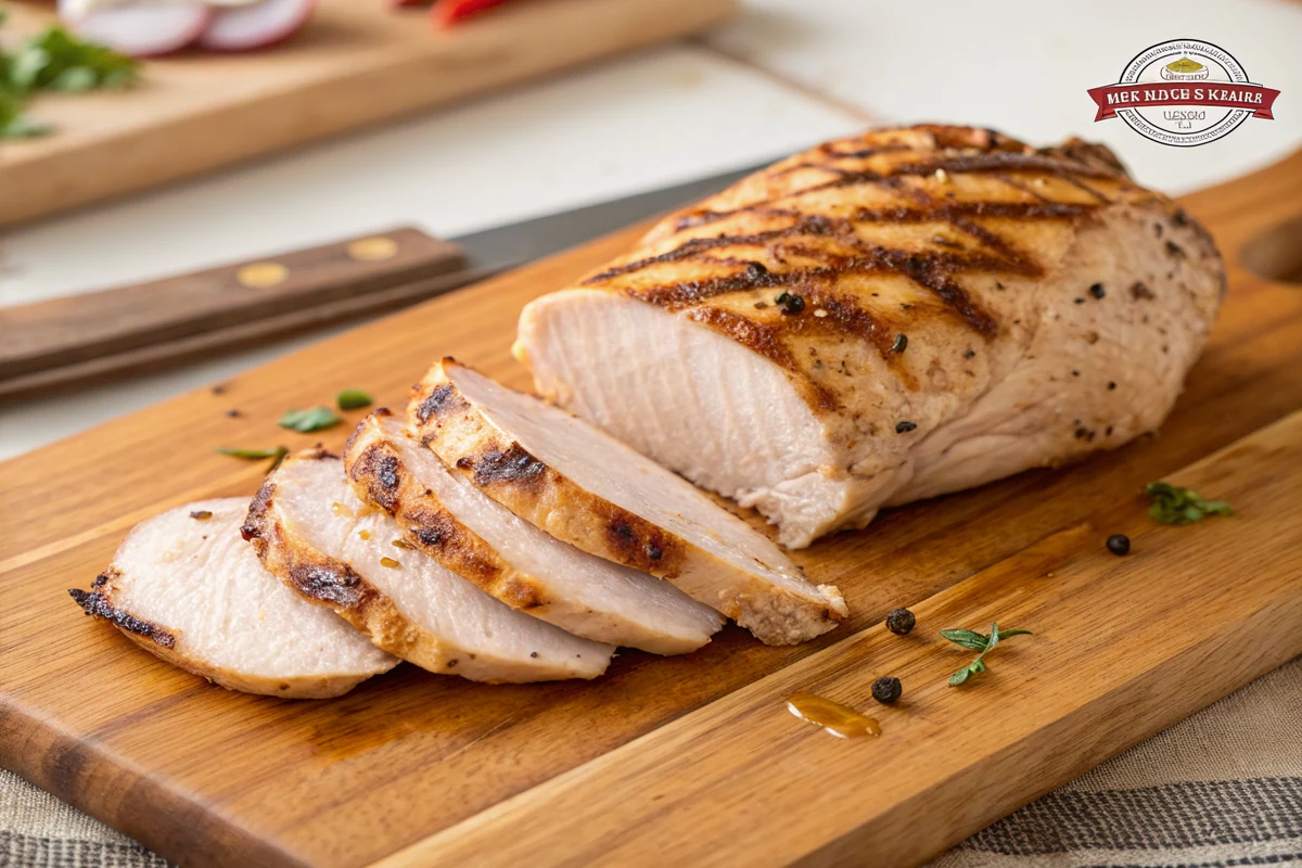 A grilled chicken breast resting on a wooden cutting board with grill marks, then sliced to show the juicy interior