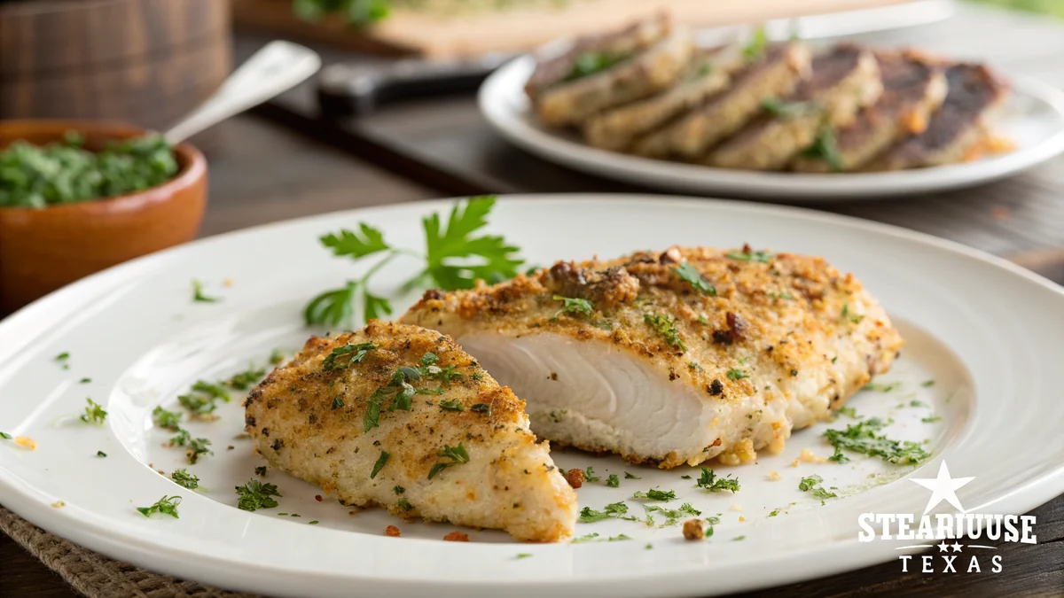 Copycat Texas Roadhouse herb crusted chicken breasts on a white plate, golden Parmesan panko crust with flecks of green parsley, grill marks peeking underneath, steakhouse sides in soft focus