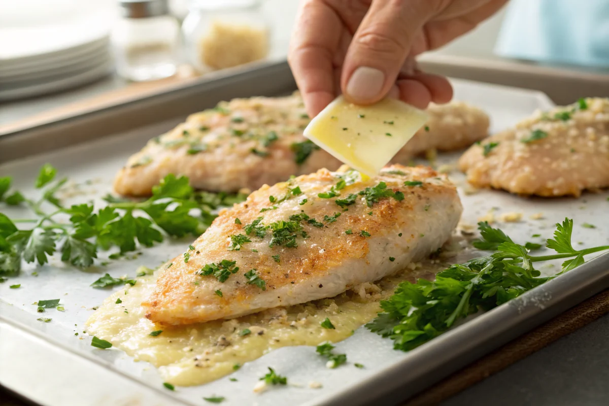Close-up of a herb and Parmesan panko crust being pressed onto a grilled chicken breast on a sheet pan, melted butter glistening, fresh parsley scattered