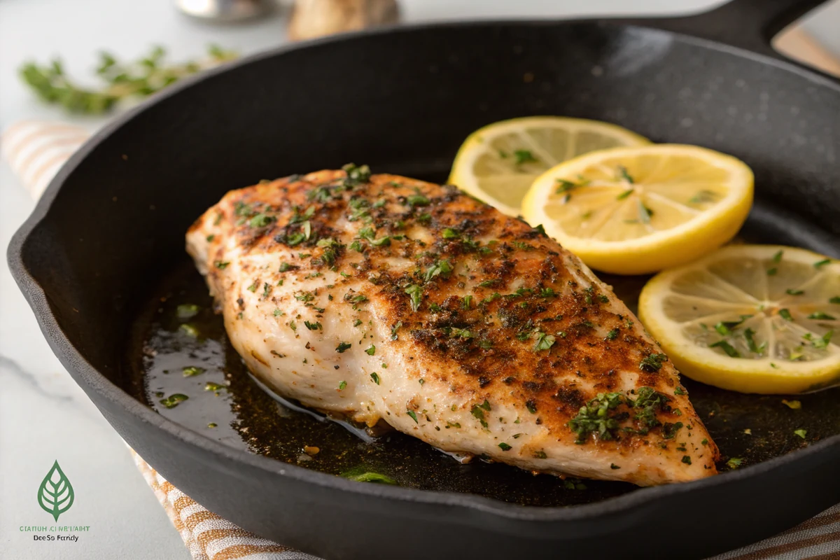Close-up of a seared chicken breast coated in a dried herb rub resting in a cast iron skillet, green herb flecks toasted brown at the edges, lemon halves searing alongside
