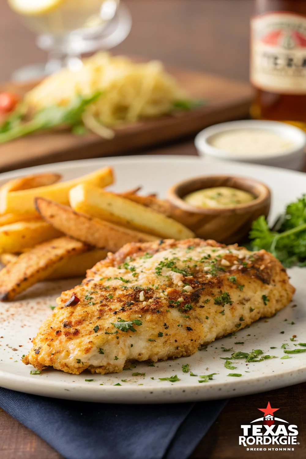 Vertical photo of juicy copycat Texas Roadhouse herb crusted chicken with a golden Parmesan crust, save this easy steakhouse chicken dinner recipe