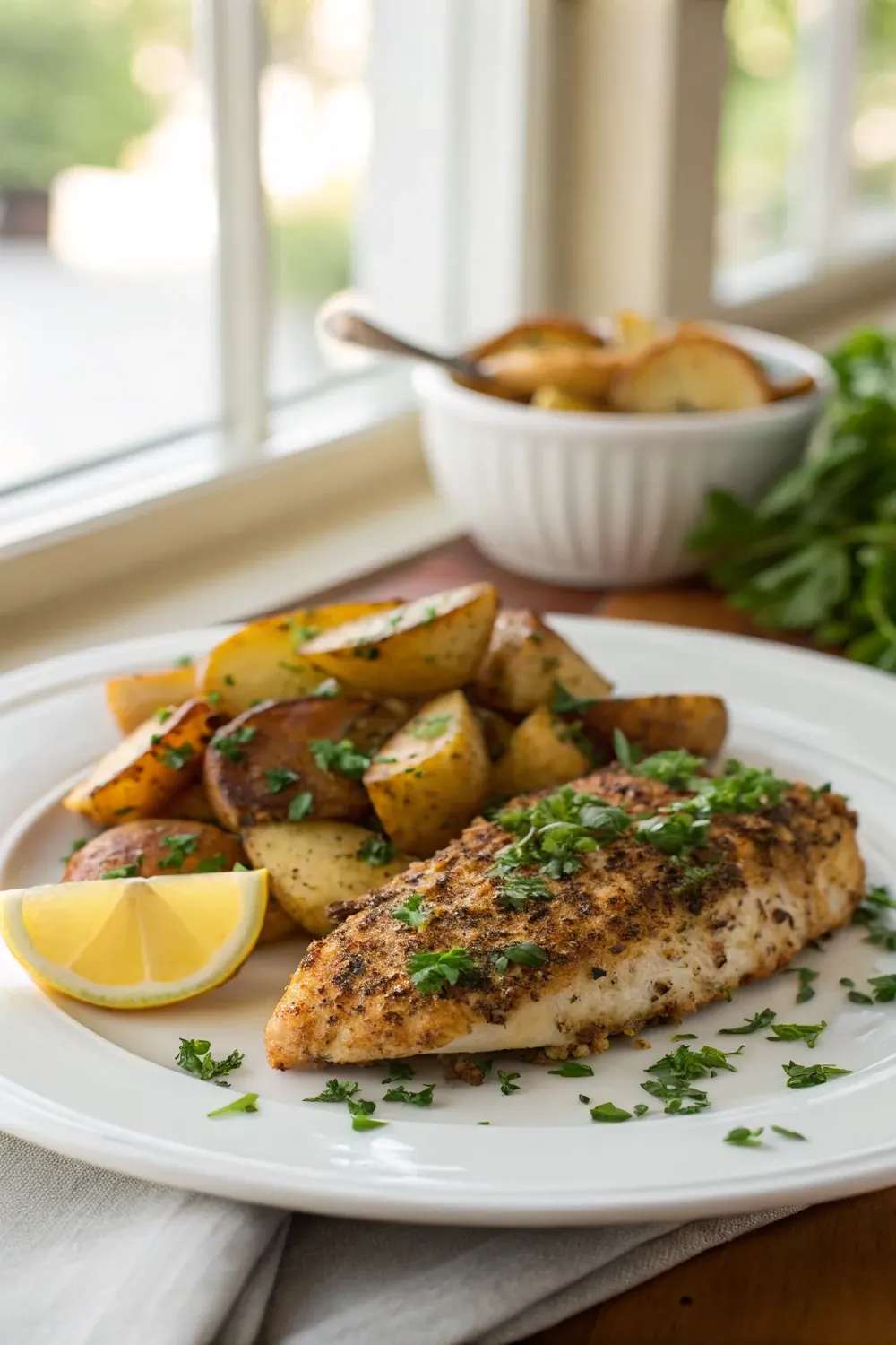 Vertical photo of juicy copycat Texas Roadhouse herb crusted chicken with a toasted dried herb rub and pan-seared lemon, save this easy 25 minute steakhouse chicken dinner