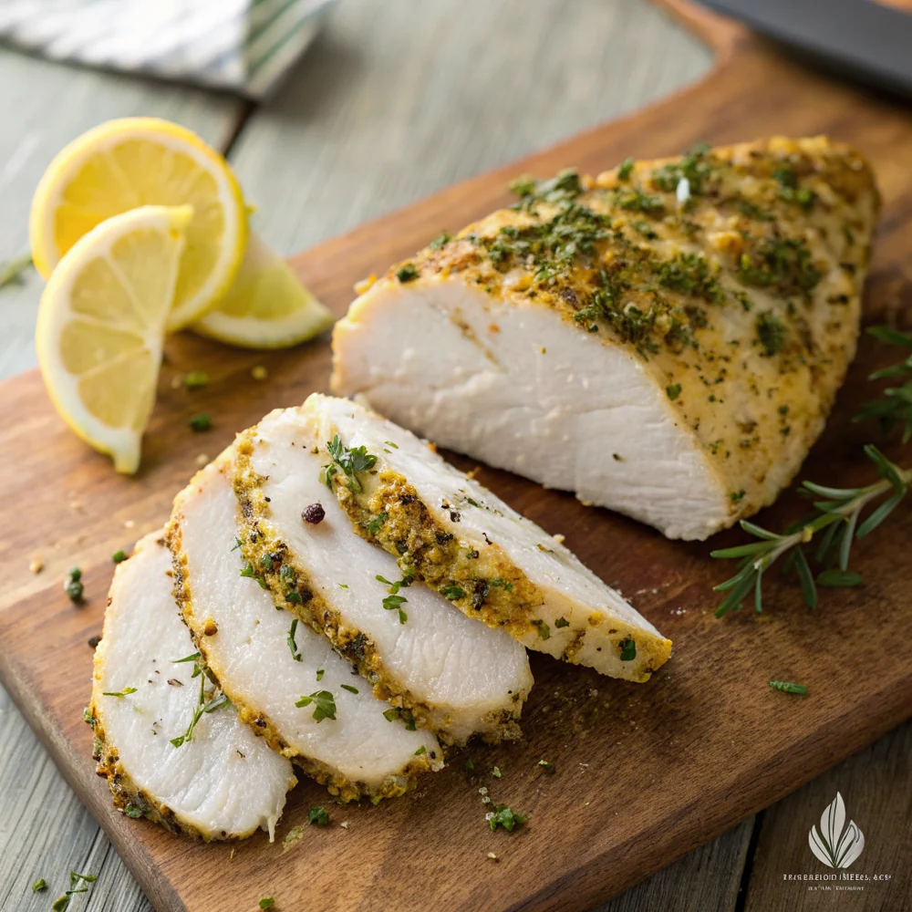 Overhead view of a sliced herb crusted chicken breast showing a juicy white interior and a crisp golden-brown crust on top, lemon wedge on the side