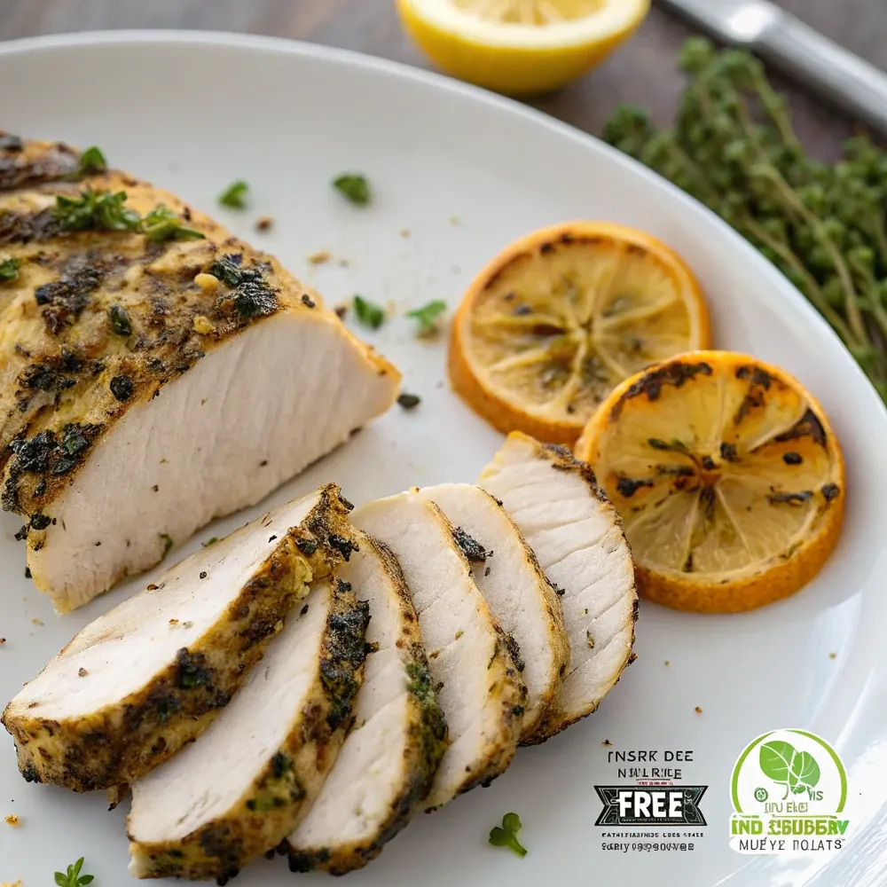 Overhead view of a sliced herb crusted chicken breast showing a juicy white interior and an herb-flecked seared exterior, charred lemon wedge on the side