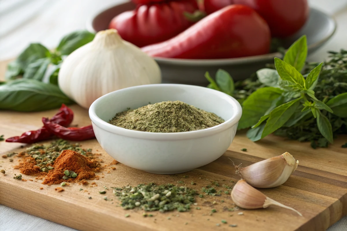 Dried dill, basil, oregano, garlic powder, and paprika stirred together into a green herb rub in a small white bowl