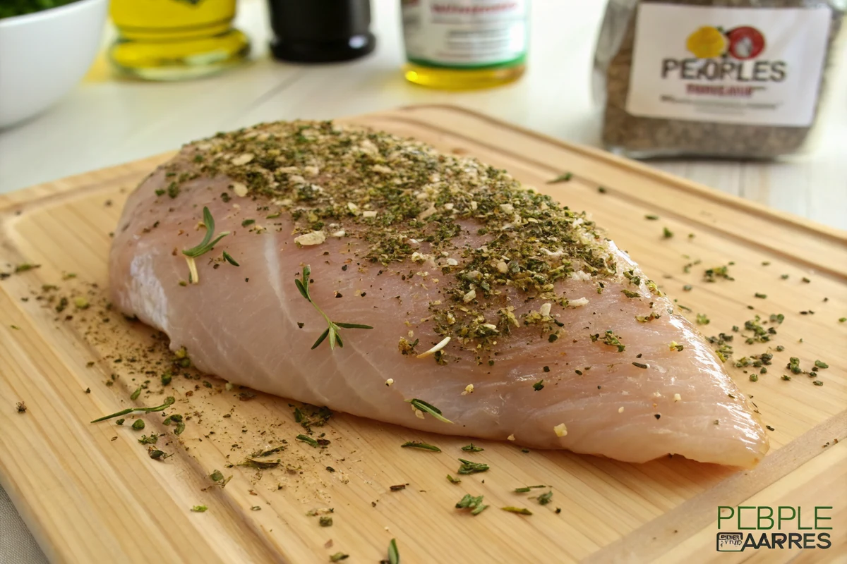 A raw boneless chicken breast rubbed with olive oil and coated all over in a dried herb rub on a cutting board, herb flecks pressed into the surface