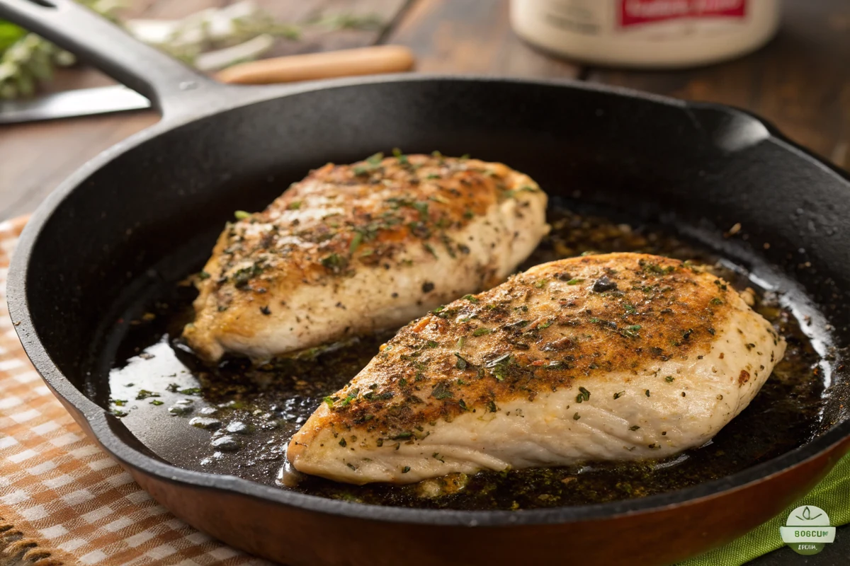 Two herb-coated chicken breasts searing in a hot cast iron skillet, the dried herb rub toasting brown at the edges with golden seared color underneath