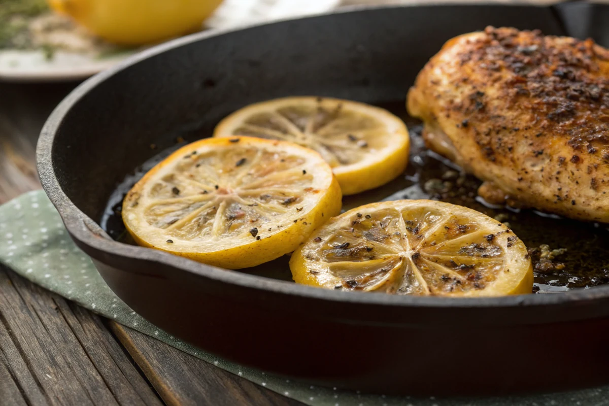 Two lemon halves searing cut-side down in a buttery cast iron skillet next to herb-crusted chicken, the cut faces browned and caramelized