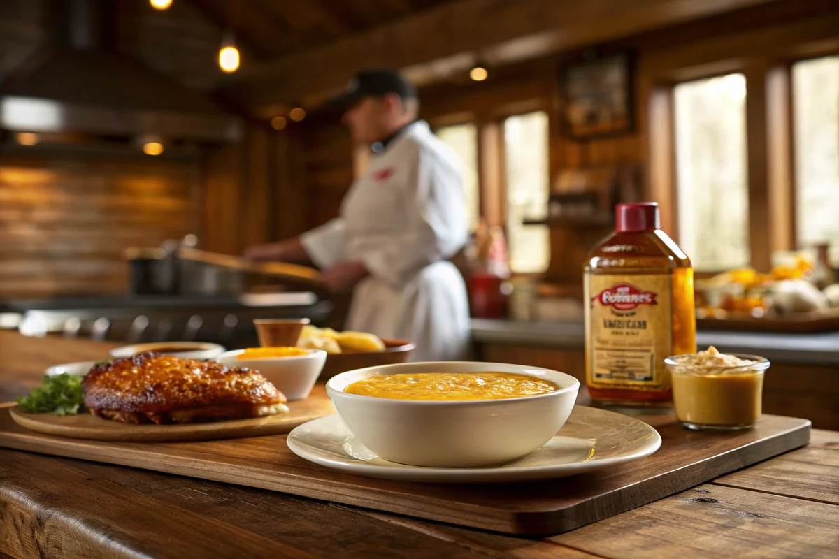 Whisking mayonnaise, Dijon, yellow mustard, and honey together in a glass bowl
