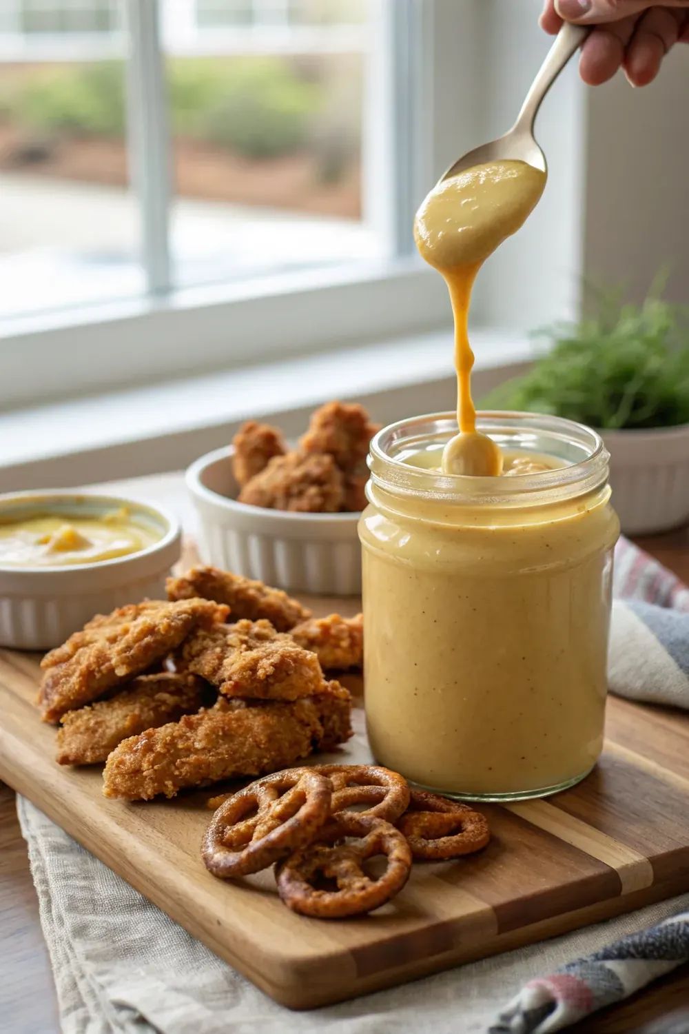 Copycat Texas Roadhouse honey mustard recipe in a white bowl with text overlay