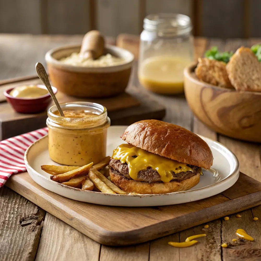 Small jar of homemade honey mustard dipping sauce on a wooden board