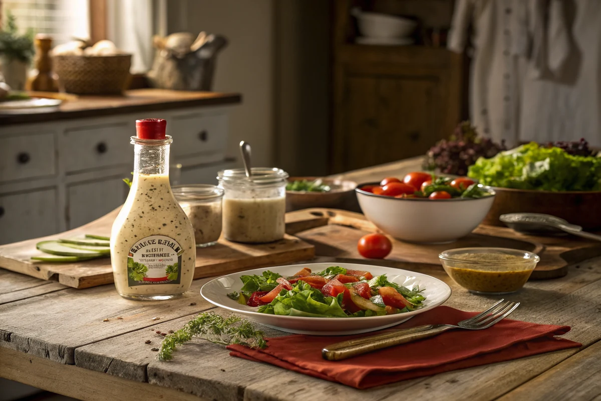 Close-up of zesty Italian dressing with visible oregano, parsley, and grated Parmesan flecks