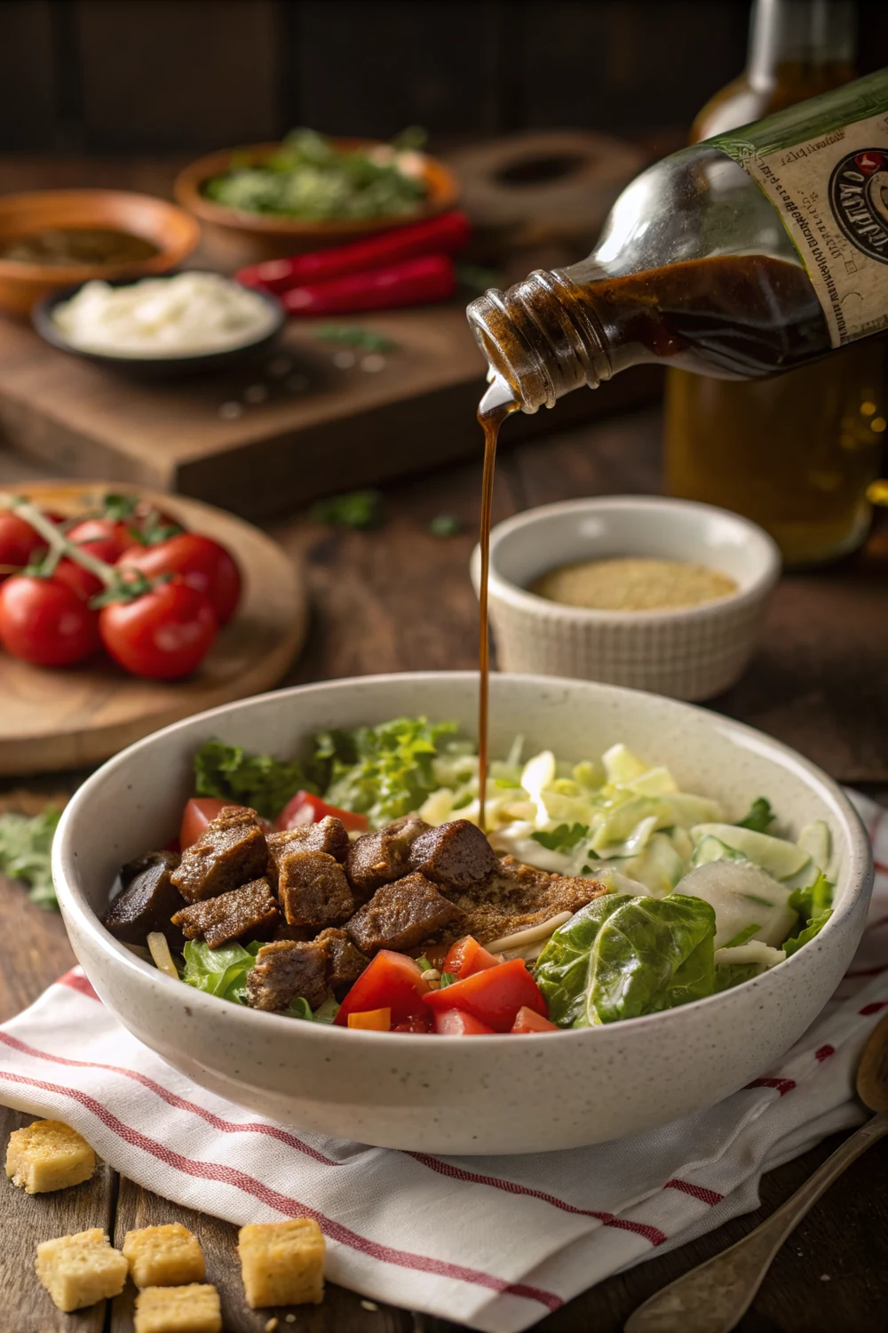 Tall pour shot of homemade Texas Roadhouse Italian dressing with recipe title text overlay