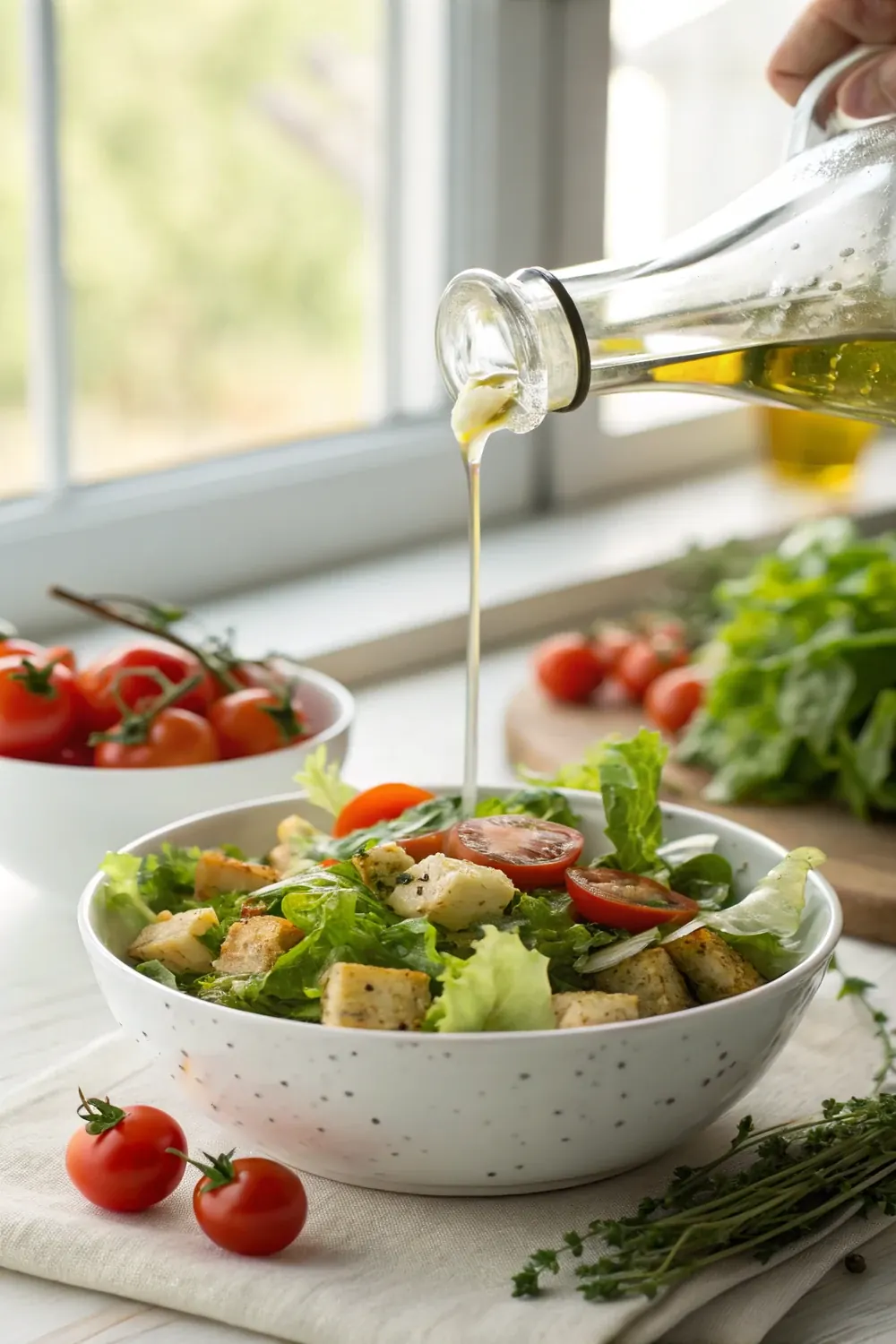 Tall pour shot of homemade Texas Roadhouse Italian dressing with recipe title text overlay