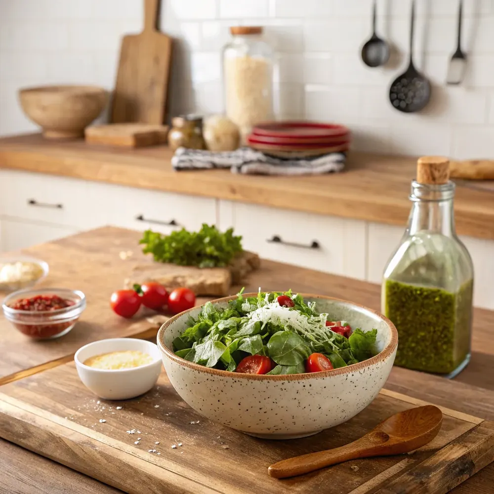 Overhead shot of ingredients for Texas Roadhouse Italian dressing arranged on a wood board