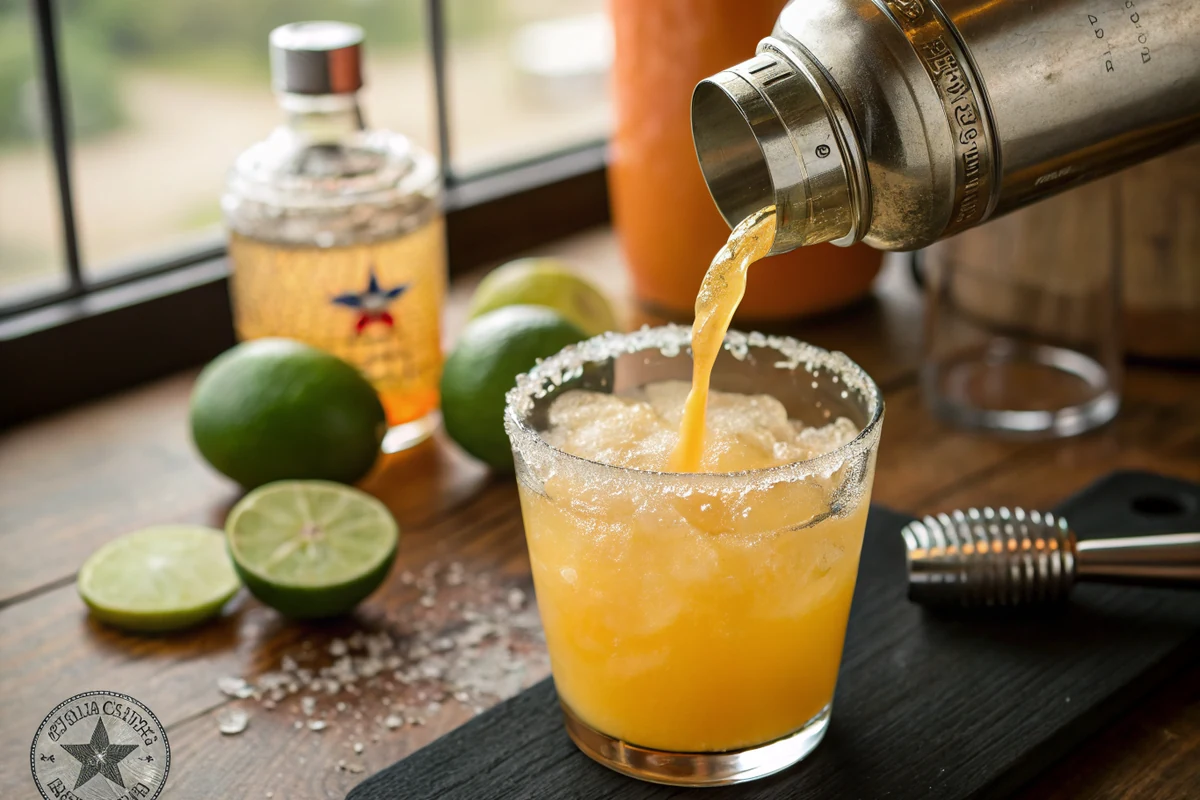 Close-up of a cocktail shaker pouring an orange-colored Jamaican Cowboy margarita over fresh ice in a pint glass, condensation on the glass