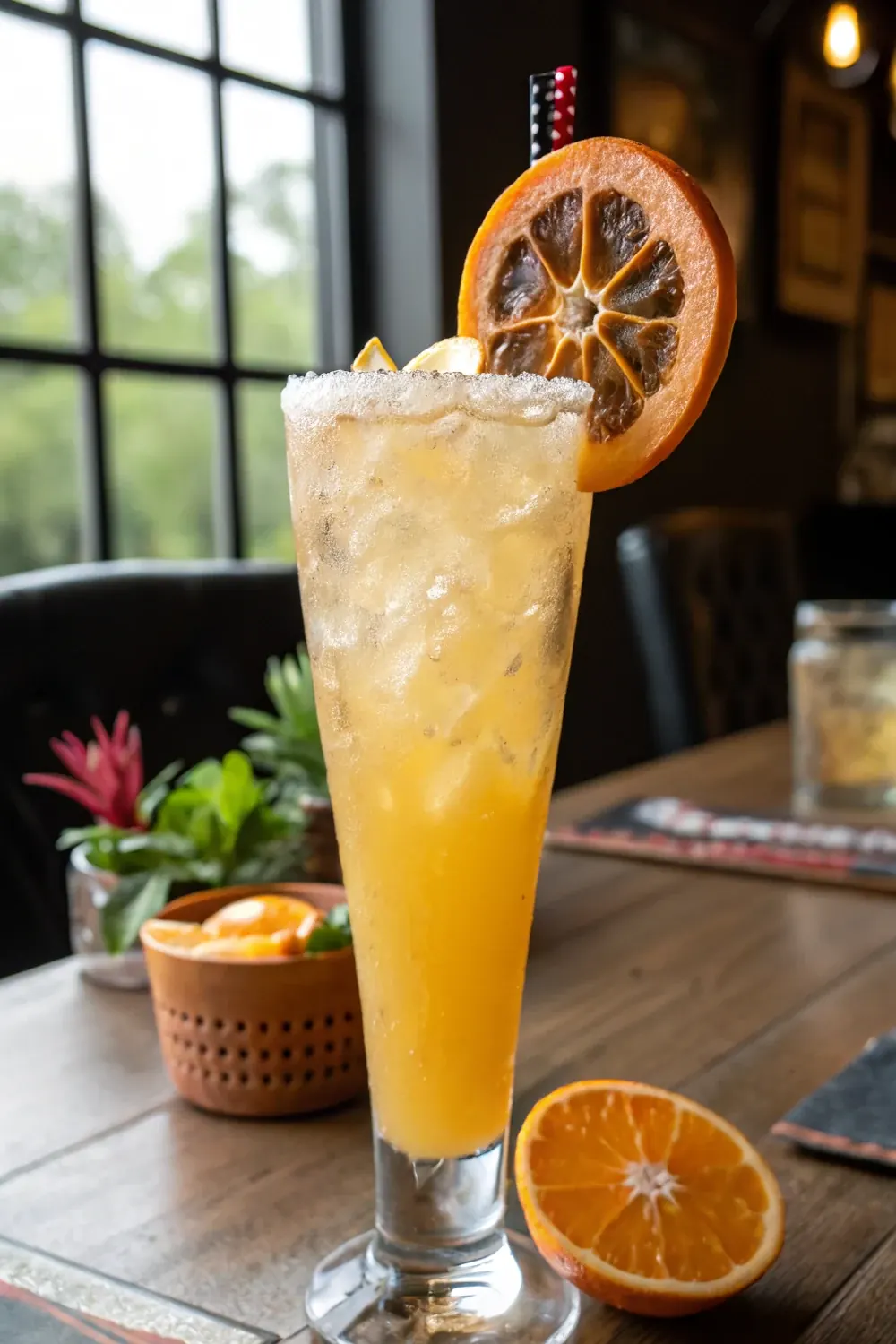 Vertical photo of a frosty Jamaican Cowboy peach margarita over ice with an orange wheel, save this Texas Roadhouse copycat cocktail recipe