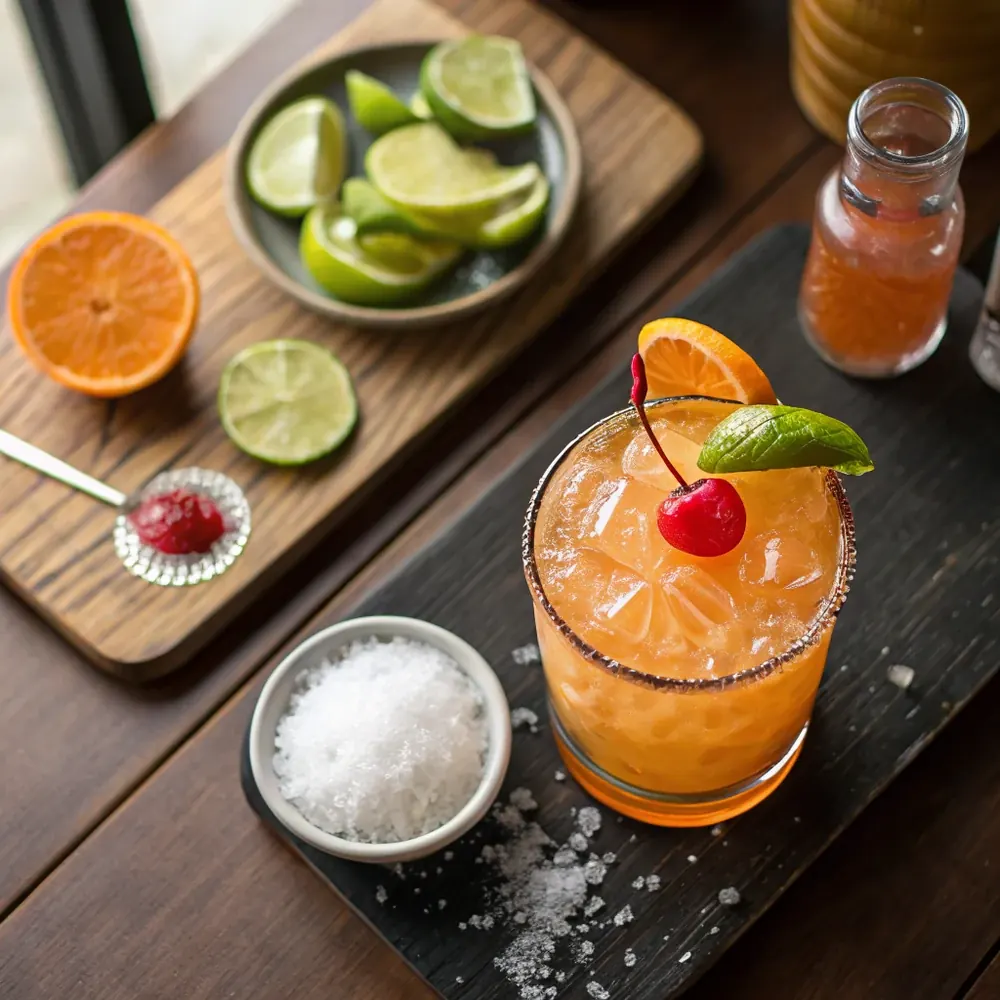 Overhead view of a peach and orange margarita cocktail with an orange wheel and cherry garnish on a dark wood bar beside fresh limes