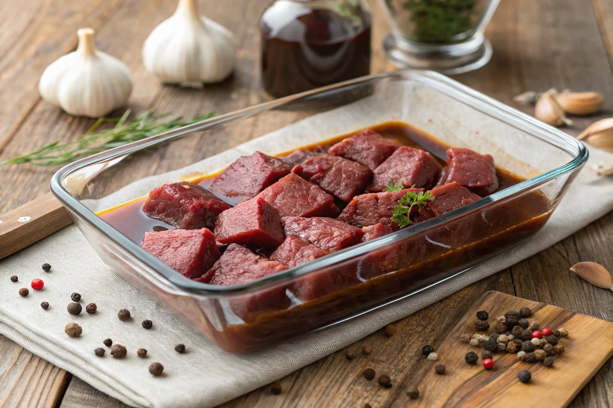 Close-up of raw sirloin steak cubes soaking in dark soy and Worcestershire kabob marinade in a glass dish, garlic and black pepper flecks visible