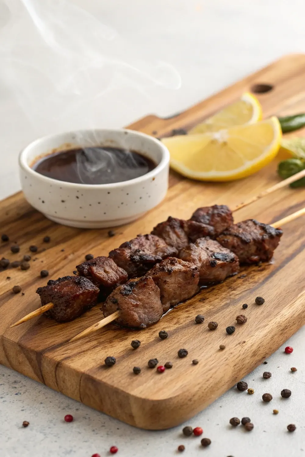 Vertical shot of marinated steak cubes on skewers over a hot grill with a bowl of kabob marinade beside them, save this Texas Roadhouse copycat marinade recipe