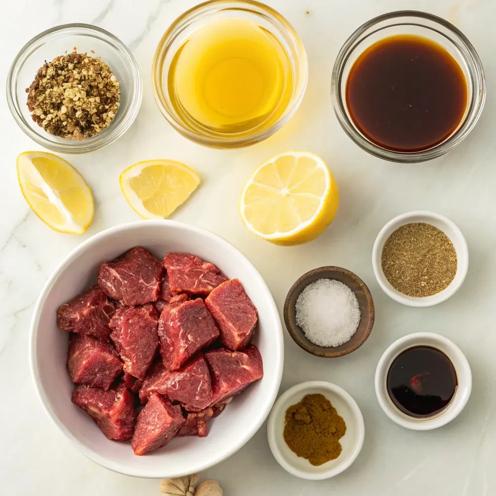 Overhead view of steak kabob marinade ingredients in small bowls: olive oil, soy sauce, Worcestershire, lemon, honey, Dijon mustard, garlic, and spices