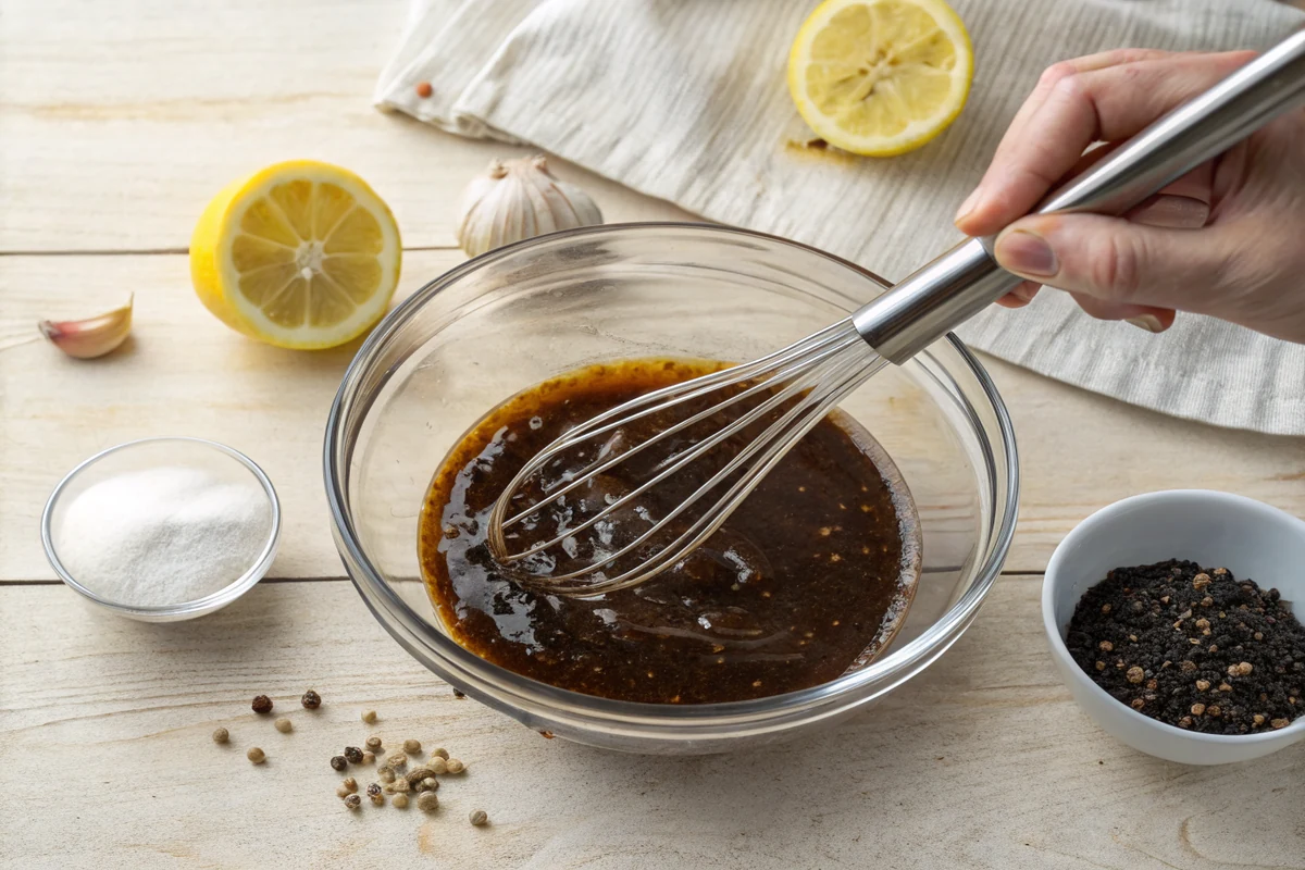 Olive oil, soy sauce, Worcestershire, lemon juice, honey, and Dijon mustard being whisked into a glossy dark kabob marinade in a glass bowl