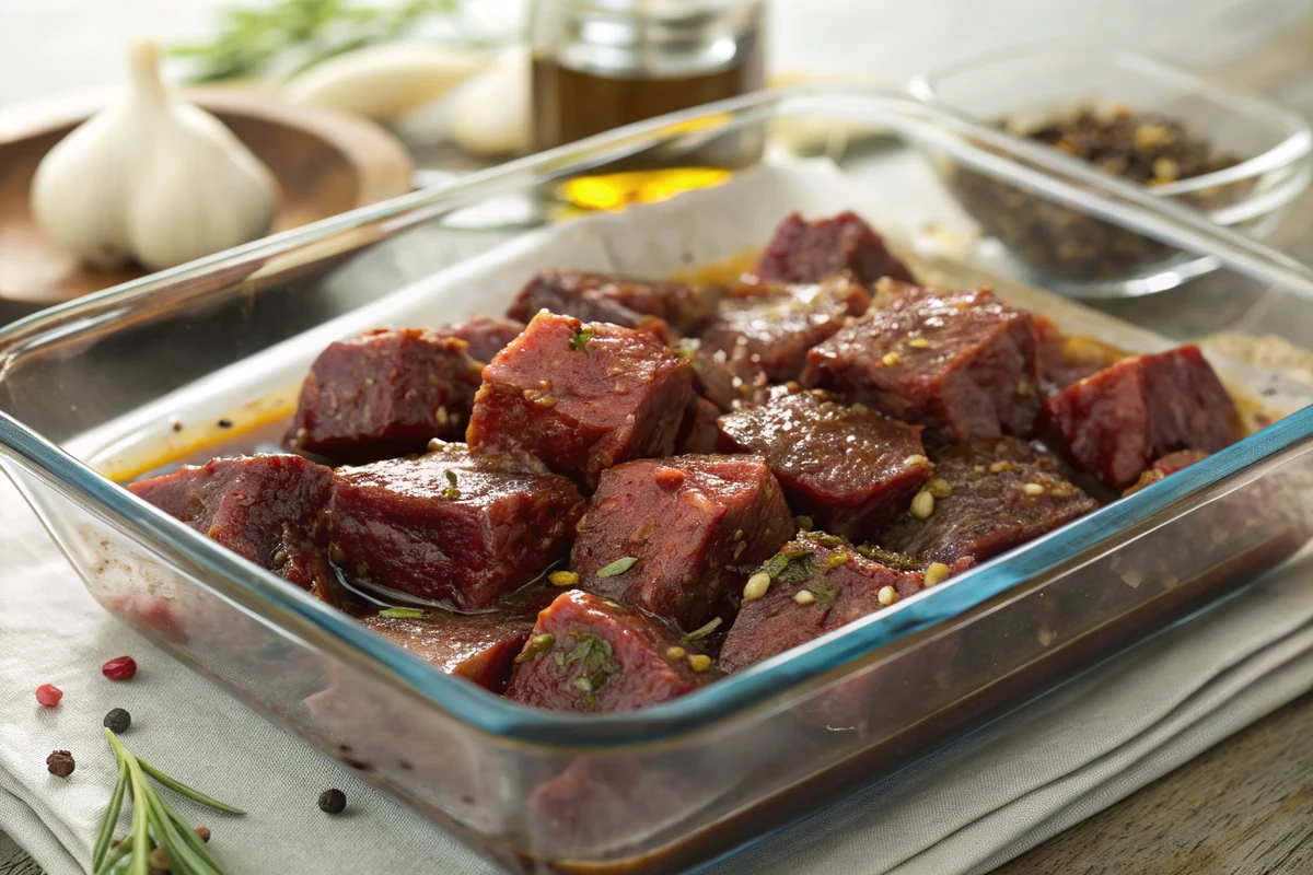 Cubed top sirloin marinating in a glass dish, dark marinade coating each cube with visible garlic and pepper flecks