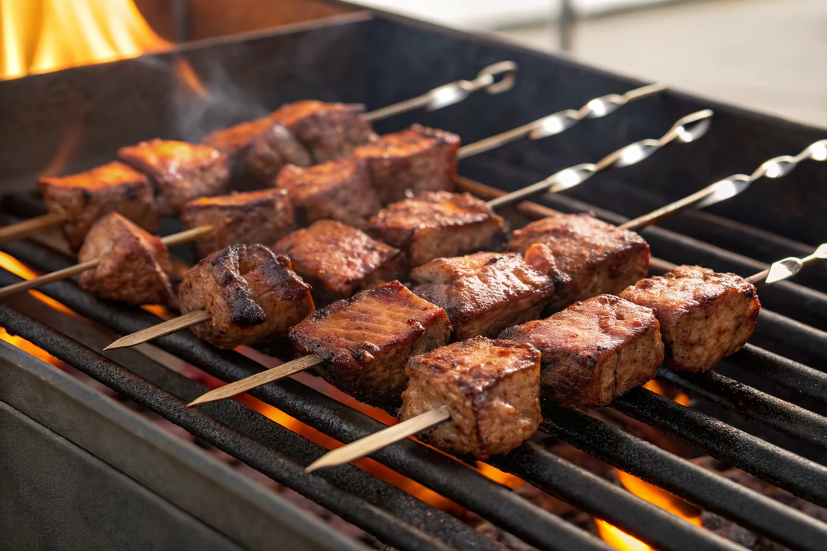 Marinated steak cubes threaded on metal skewers over a hot grill with char developing and light flames below