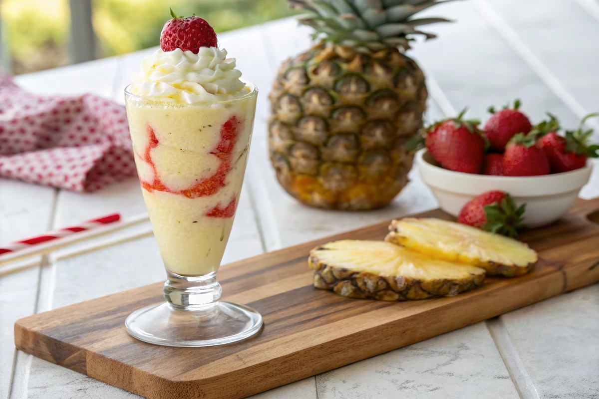 Close-up of a blended frozen tropical cocktail being poured from a blender into a tall glass, thick creamy pina colada texture with pineapple juice