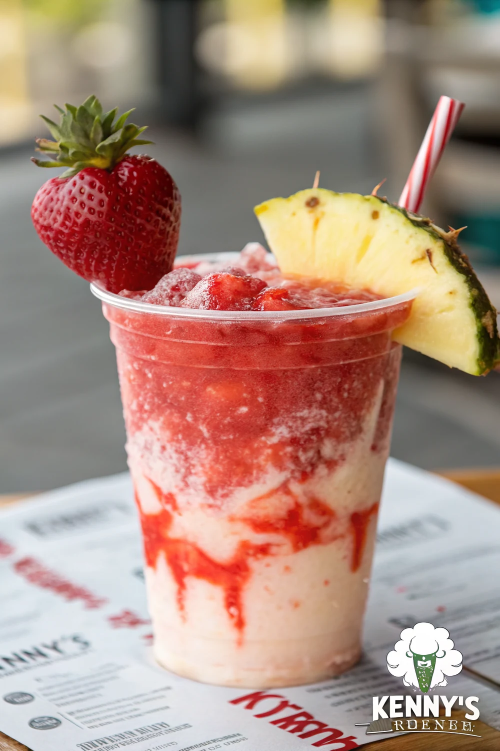 Vertical photo of a frosty Kenny's Cooler frozen cocktail with strawberry swirl and pineapple garnish, save this Texas Roadhouse copycat drink recipe