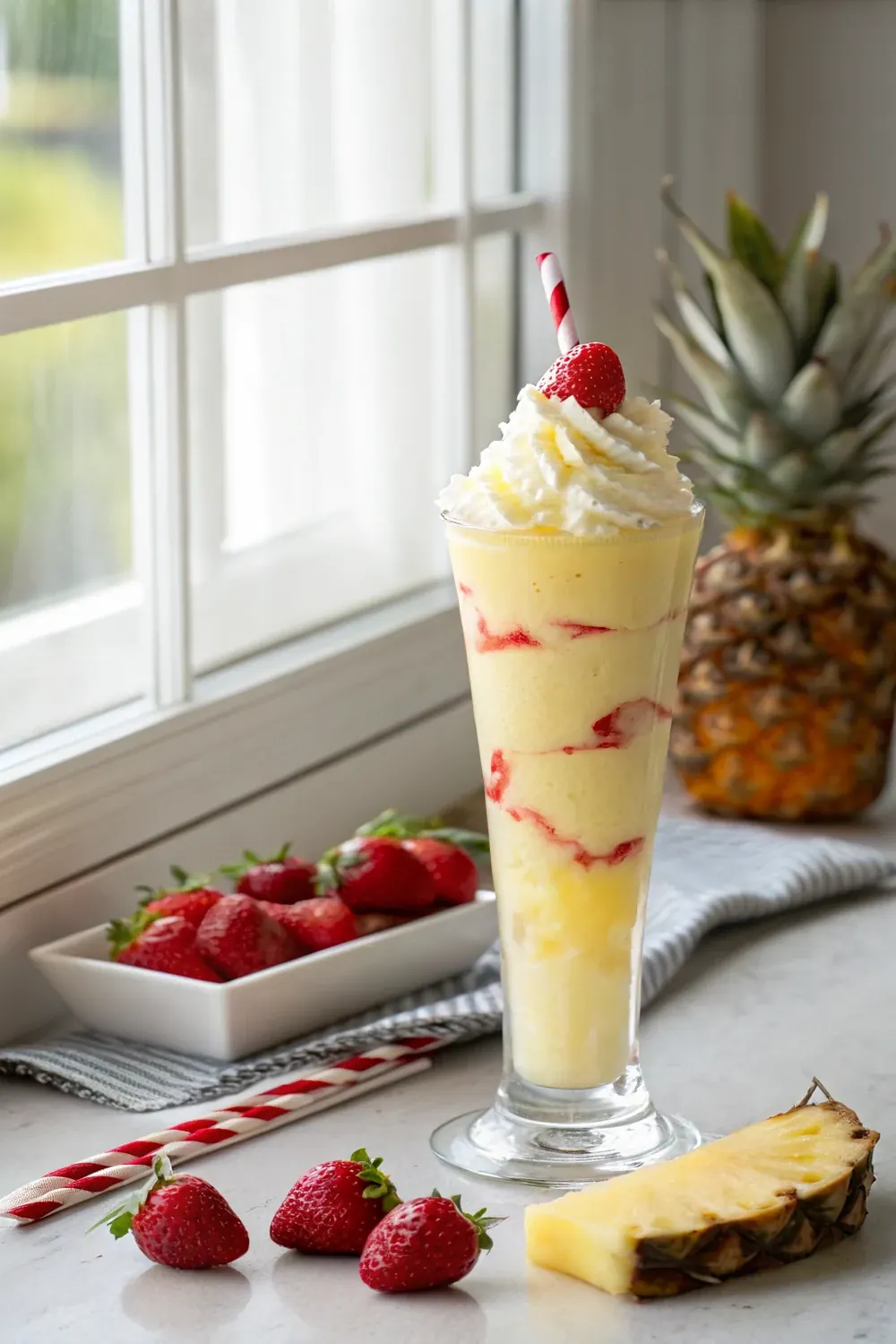Vertical photo of a frosty Kenny's Cooler frozen cocktail with strawberry swirl and pineapple garnish, save this Texas Roadhouse copycat drink recipe