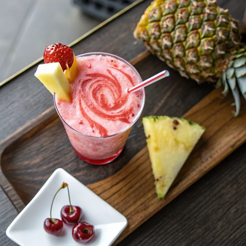 Overhead view of a frozen Kenny's Cooler cocktail with a swirl of strawberry puree, pineapple wedge and cherry, set on a dark wood bar beside fresh pineapple
