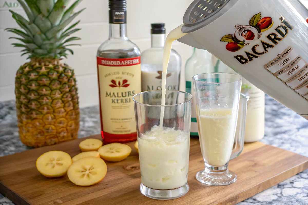 Bacardi light rum, Malibu coconut rum and creamy pina colada mix being poured into a blender jar with a cup of ice