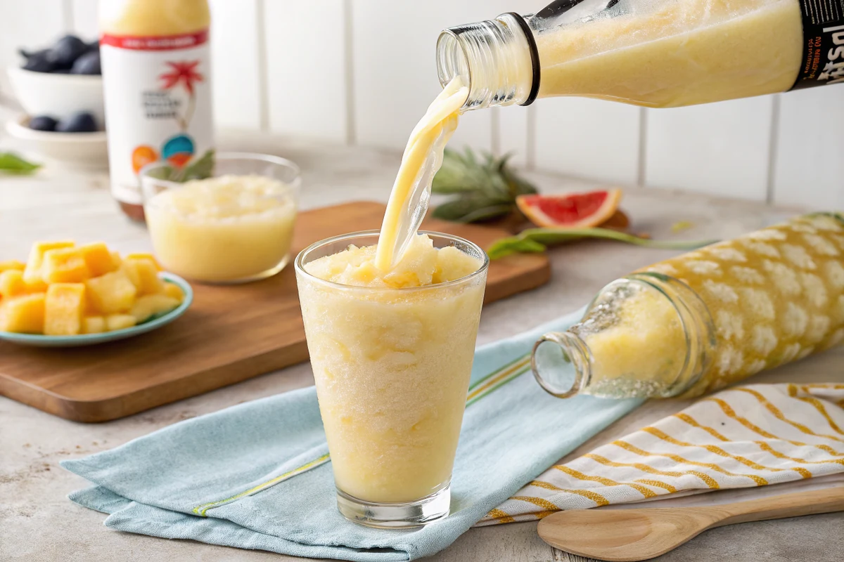 Thick frozen tropical cocktail being poured from a blender into a tall glass, creamy pale gold slushie texture