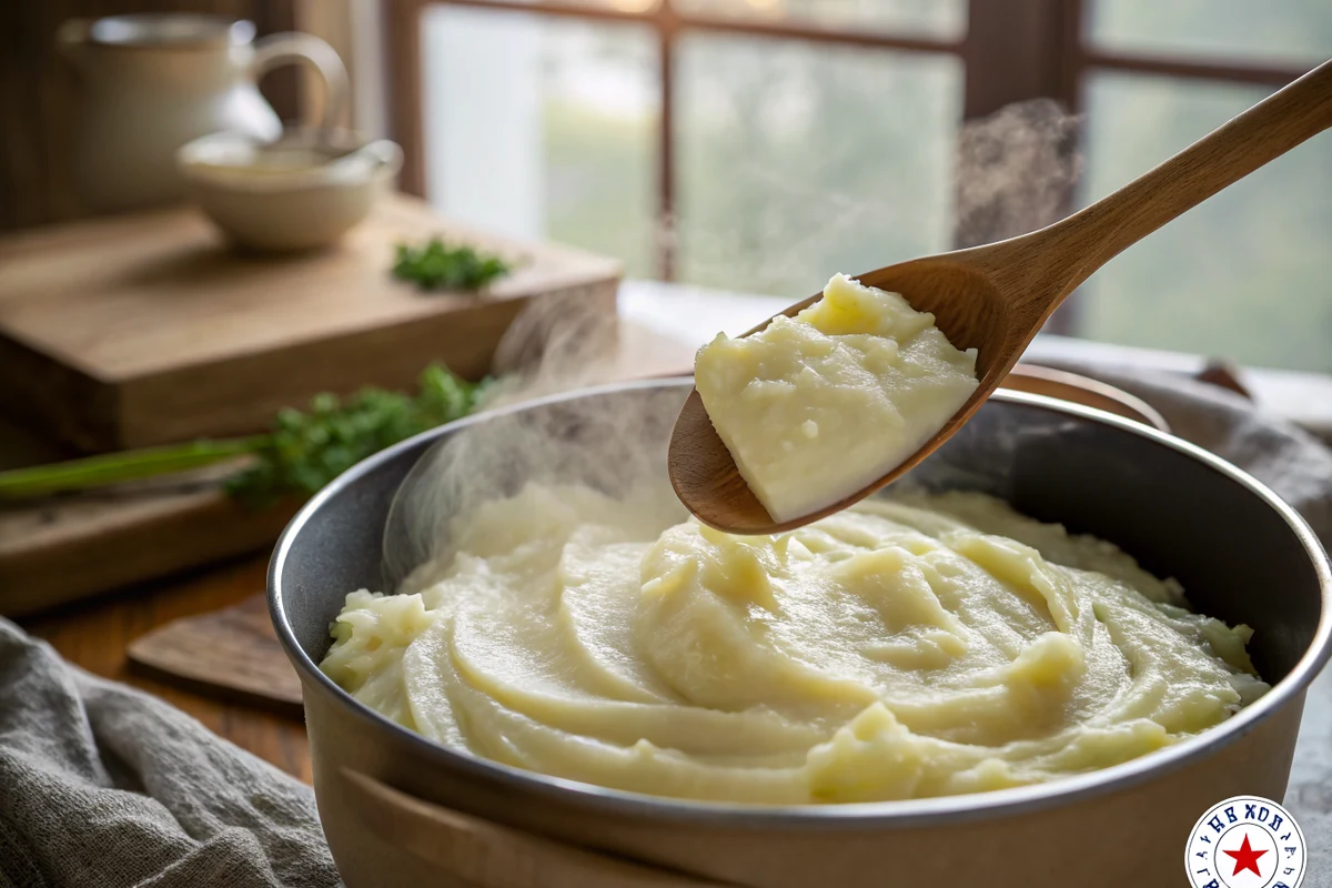 Close-up of creamy mashed potatoes being folded with butter and sour cream in a pot, steam rising, wooden spoon mid-stir