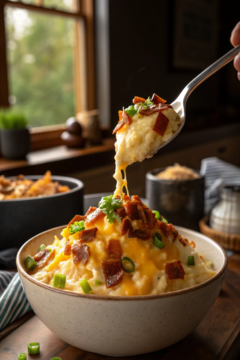 Vertical photo of loaded mashed potatoes piled with cheese, bacon, and green onions, save this 30-minute Texas Roadhouse copycat side dish